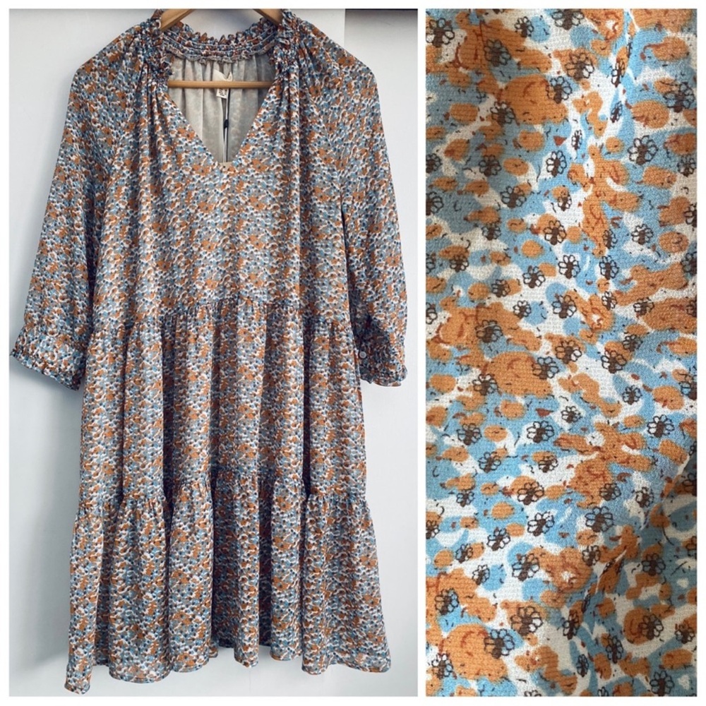 Floral Patterned Blue and Brown The Korner Flowy Chiffon A-Line Dress New Size M
